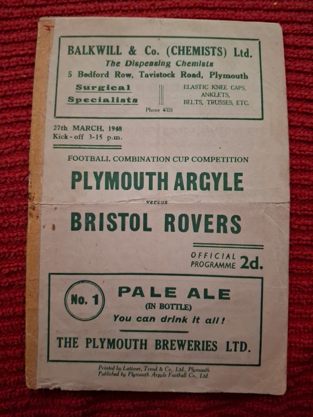 Plymouth Argyle Reserves v Bristol Rovers Res programme.  27/3/1948 for sale on Ebay