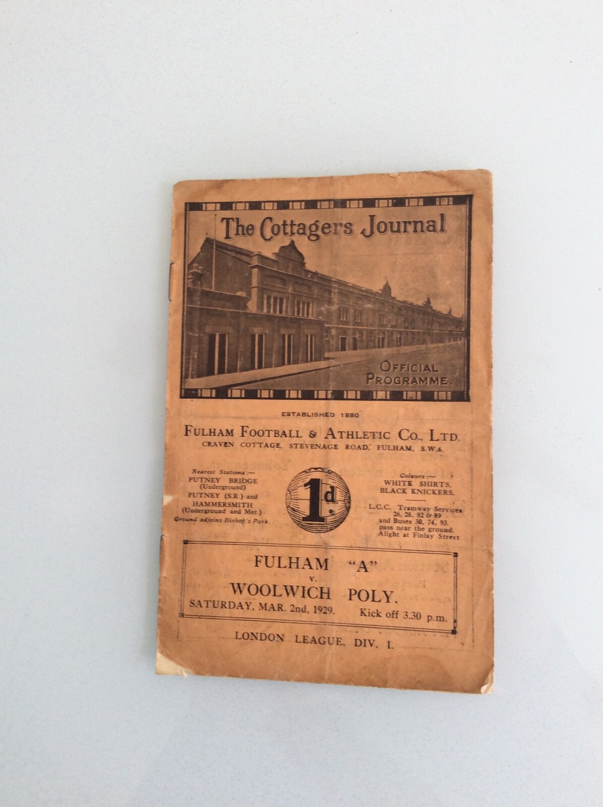 FULHAM A V WOOLWICH POLY 02.03.1929 RESERVES LONDON LEAGUE PRE WAR GAME for sale on Ebay