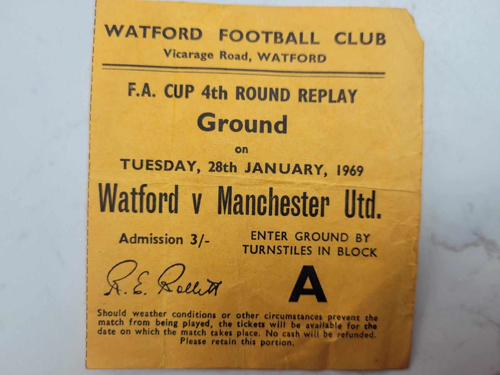 Watford V Manchester United 28.1. 1969 FA Cup 4th Round Replay  Ticket Stub for sale on Ebay