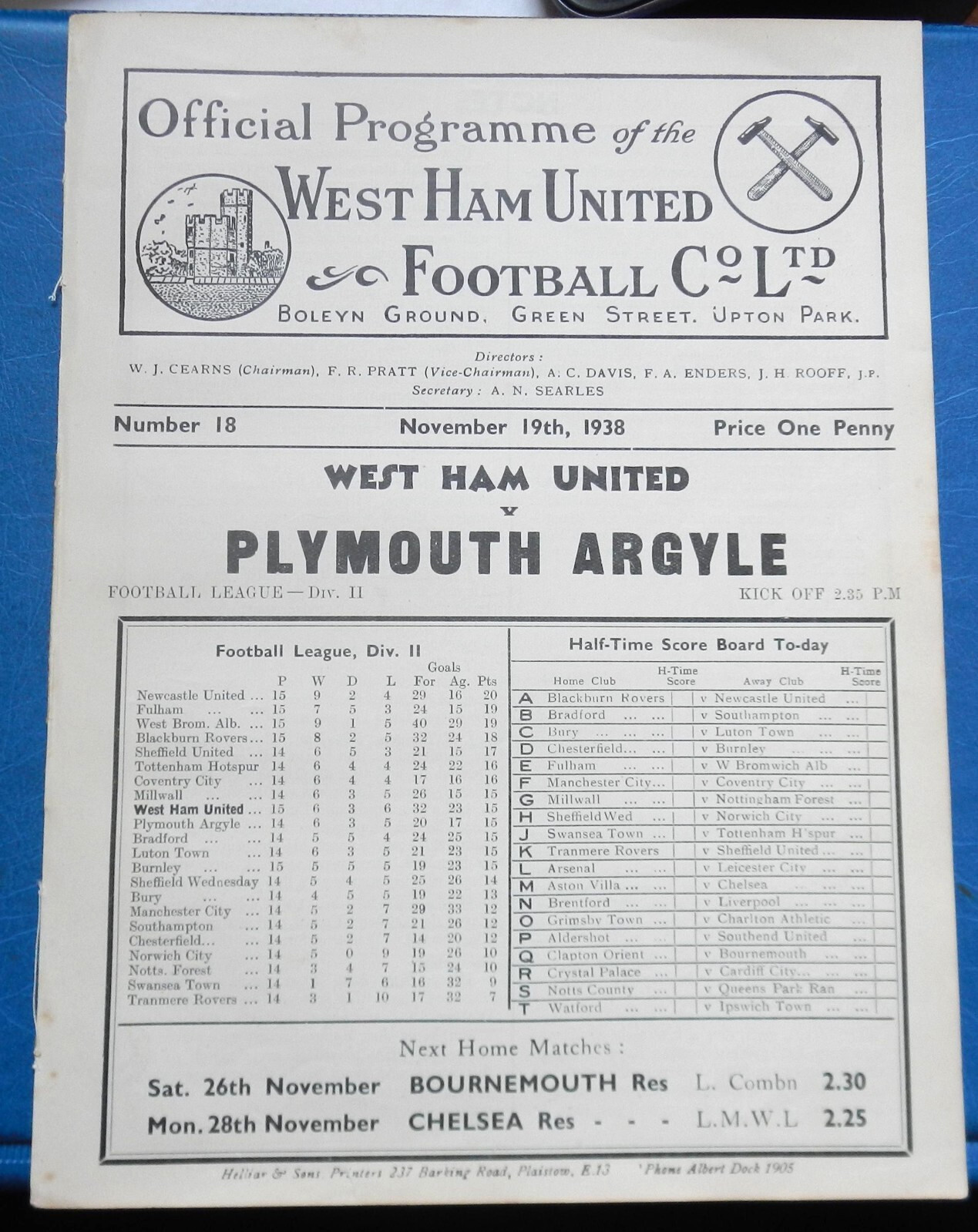 WEST HAM UNITED v PLYMOUTH ARGYLE - 1938/39 - Division 2 for sale on Ebay
