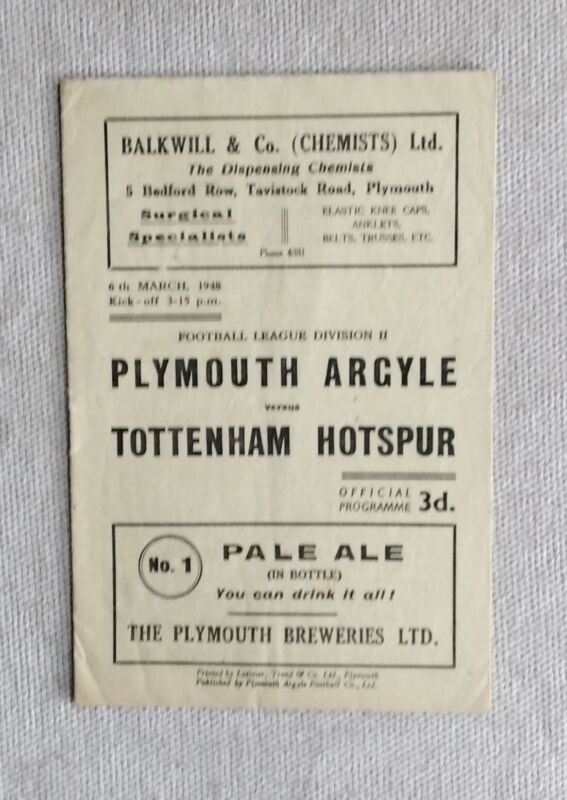  Plymouth Argyle v Tottenham Hotspur Division  II  06-03-1948 Programme  for sale on Ebay