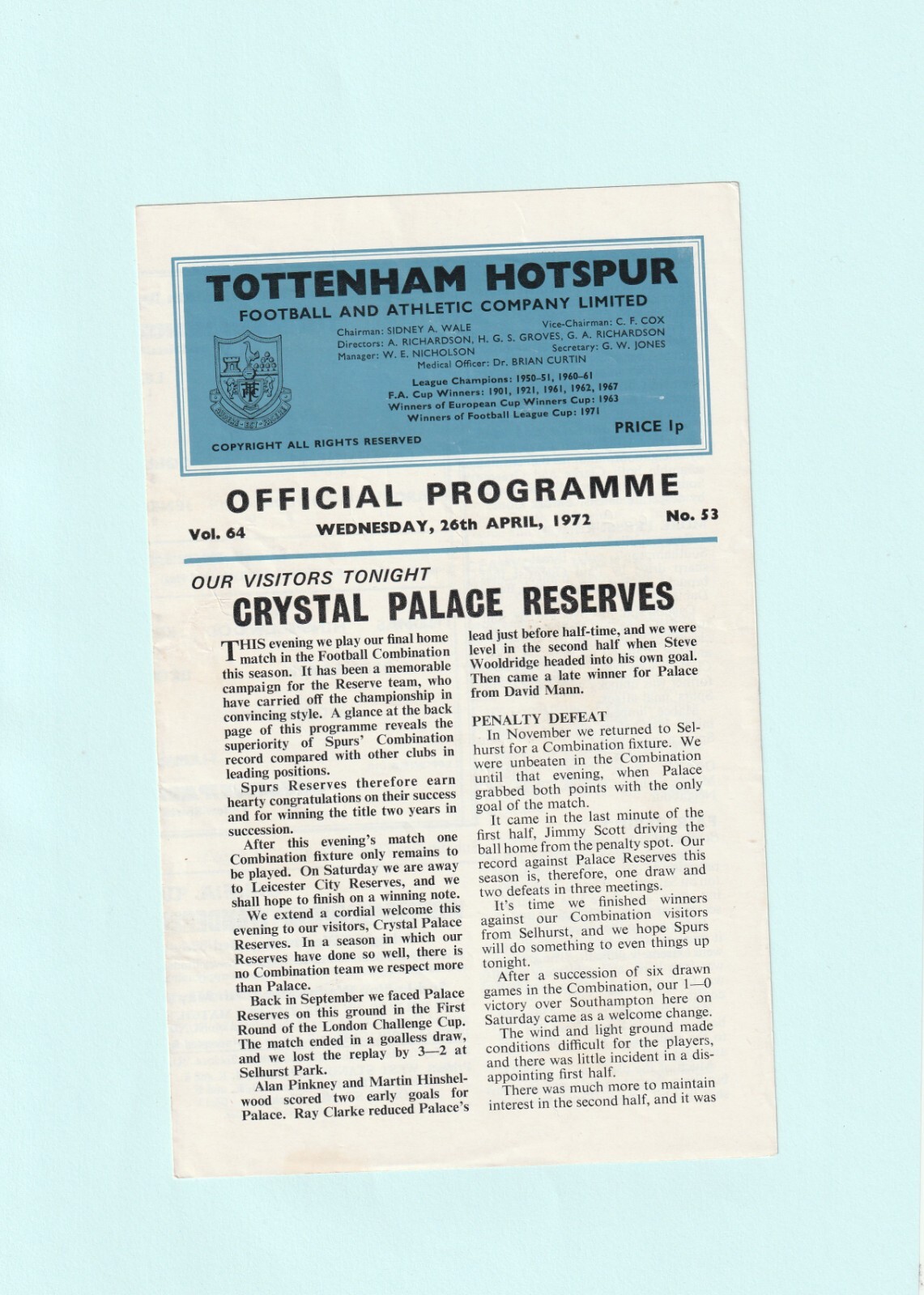 1971-1972 FOOTBALL COMBINATION : TOTTENHAM / SPURS v CRYSTAL PALACE RESERVES for sale on Ebay