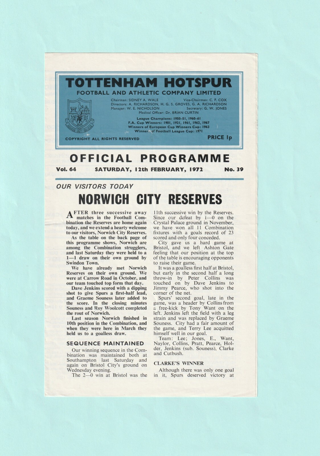 1971-1972 FOOTBALL COMBINATION : TOTTENHAM / SPURS v NORWICH CITY RESERVES for sale on Ebay