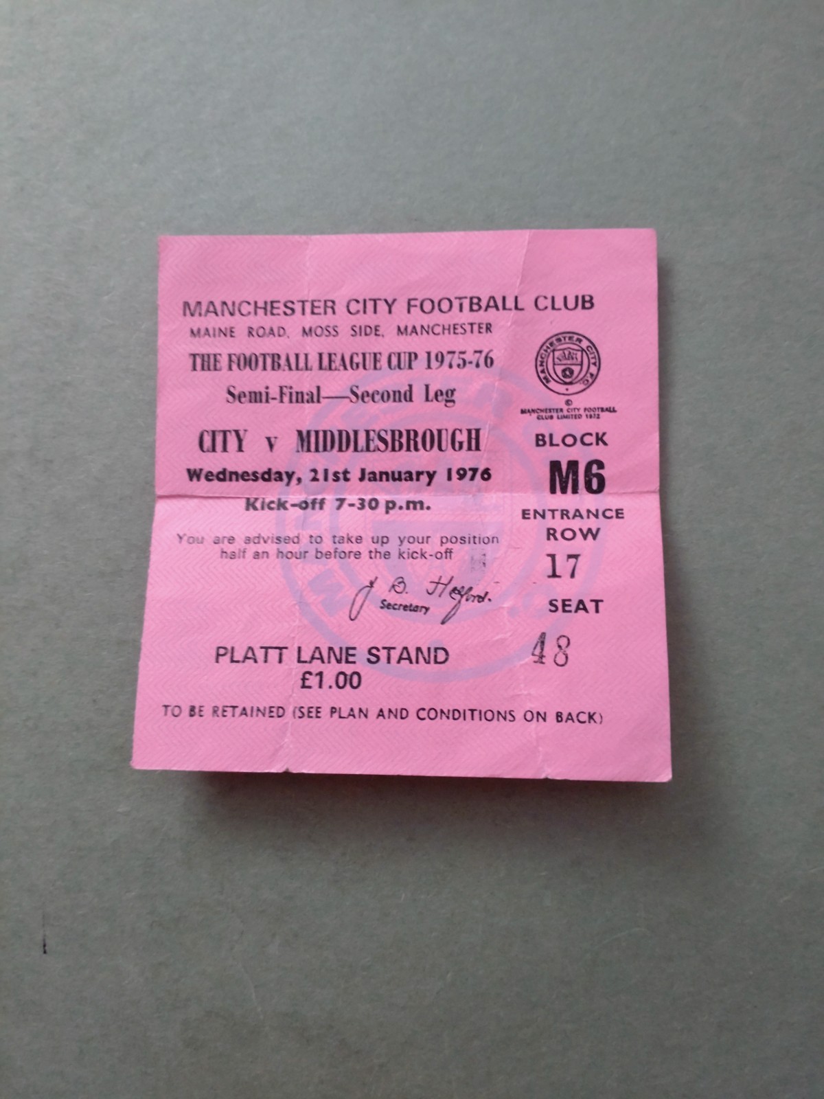 Manchester City V Middlesbrough League Cup Semi Final 21/1/76 Used Ticket Stub for sale on Ebay
