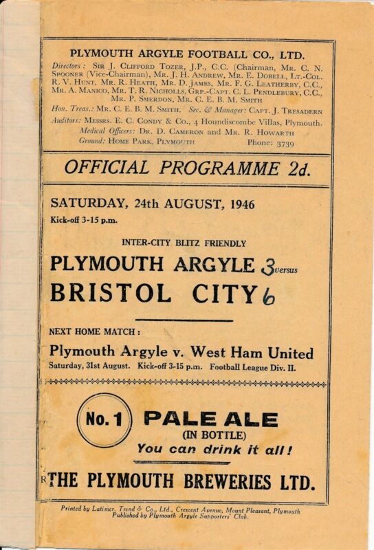Plymouth Argyle v Bristol City (Inter City Blitz Friendly) 1946/1947 for sale on Ebay