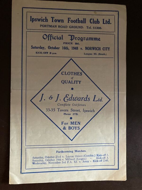 IPSWICH TOWN V NORWICH CITY FOOTBALL PROGRAMME 16/10/1948 for sale on Ebay