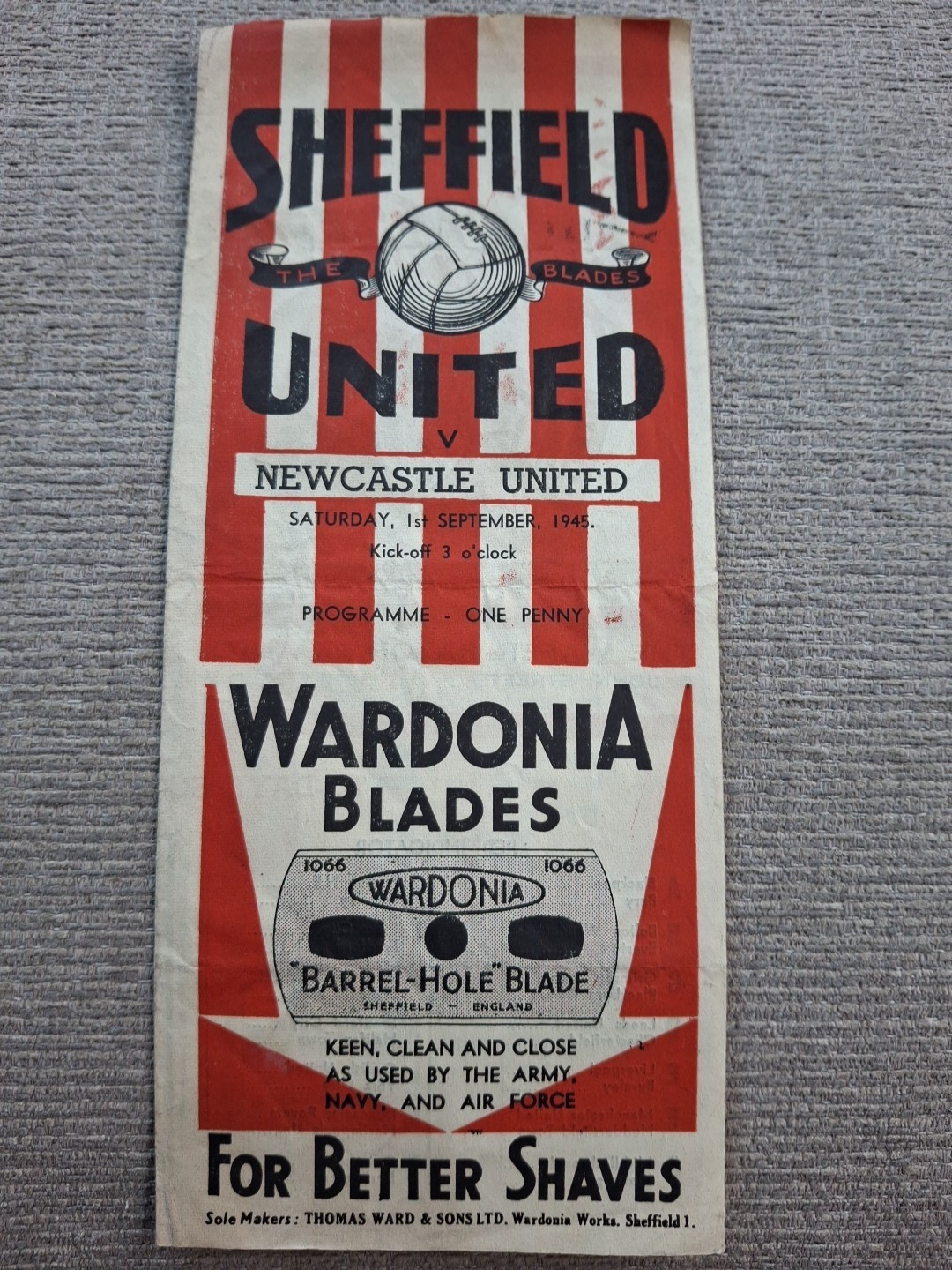 Sheffield United v Newcastle United programme.  1/9/1945 for sale on Ebay