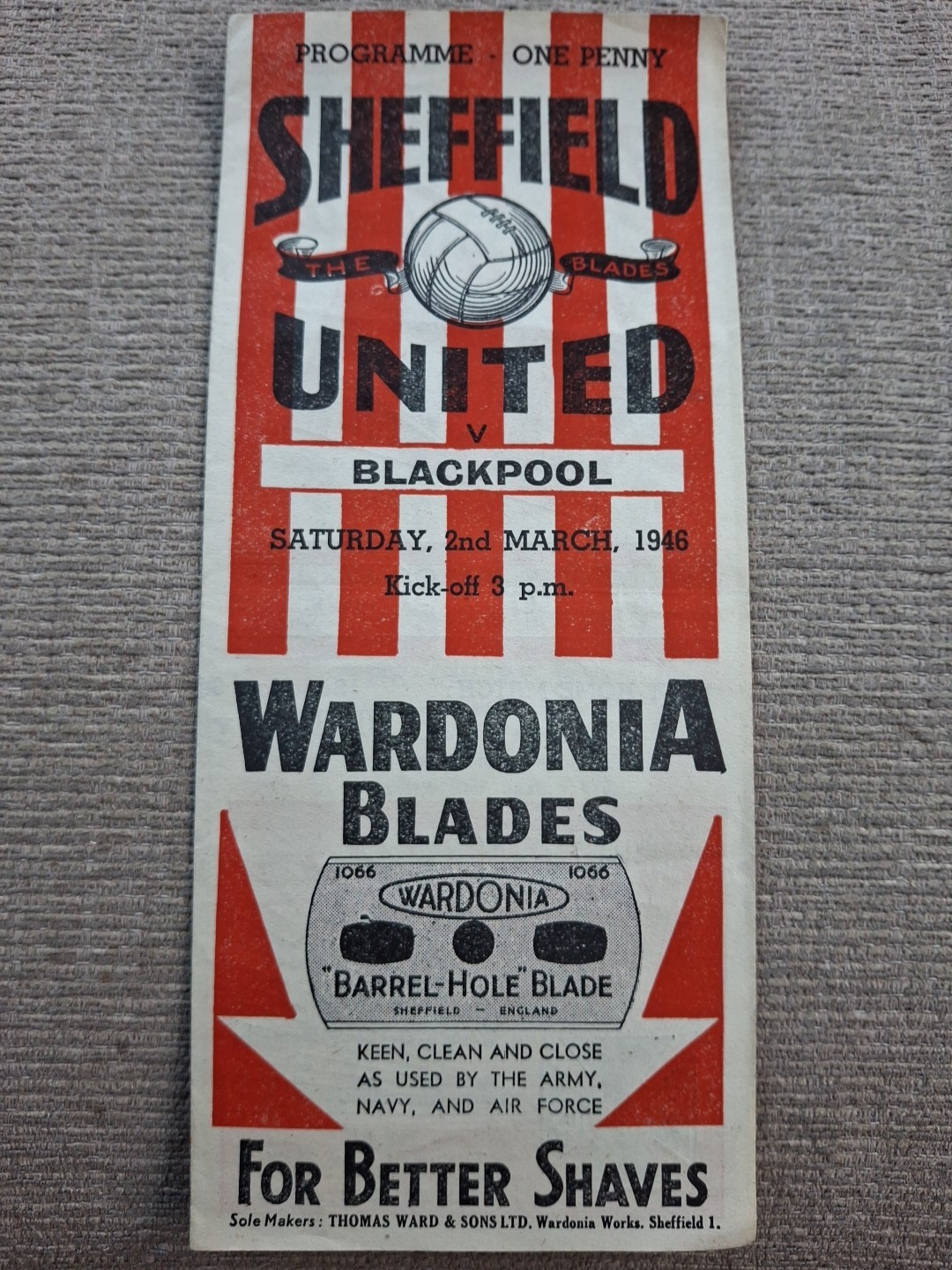 Sheffield United v Blackpool programme.  2/3/1946 for sale on Ebay