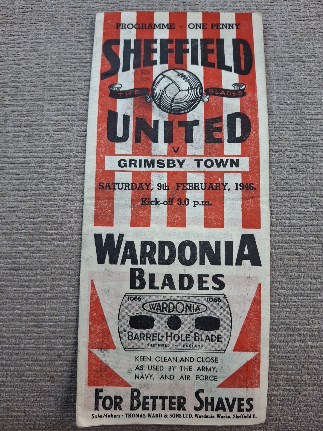 Sheffield United v Grimsby Town programme.  9/2/1946 for sale on Ebay