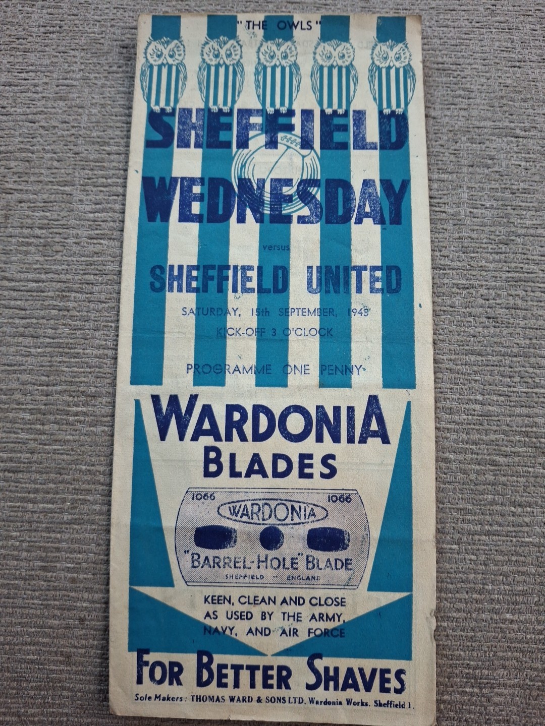 Sheffield Wednesday v Sheffield United programme.  15/9/1945 for sale on Ebay