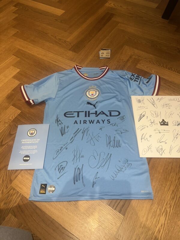 Manchester City Hand Signed Treble Winners Shirt BNWT Haaland + OFFICIAL COA for sale on Ebay