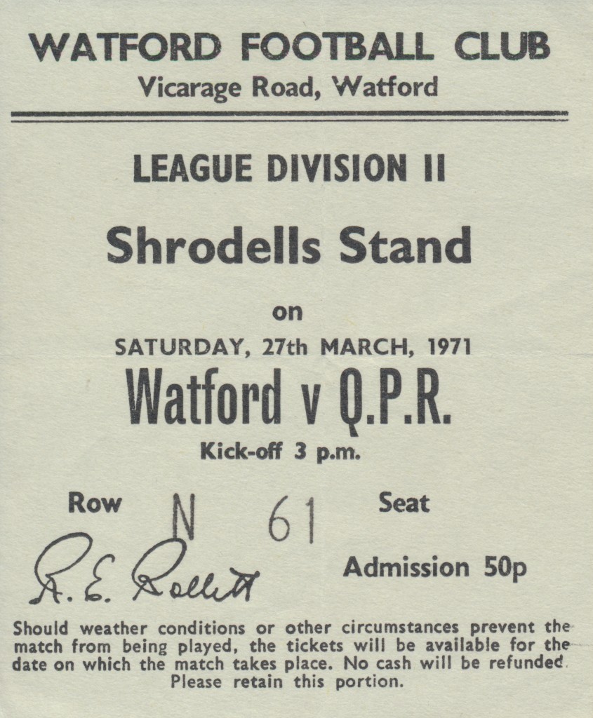 Watford v QPR.  1970-71 Ticket stub for sale on Ebay