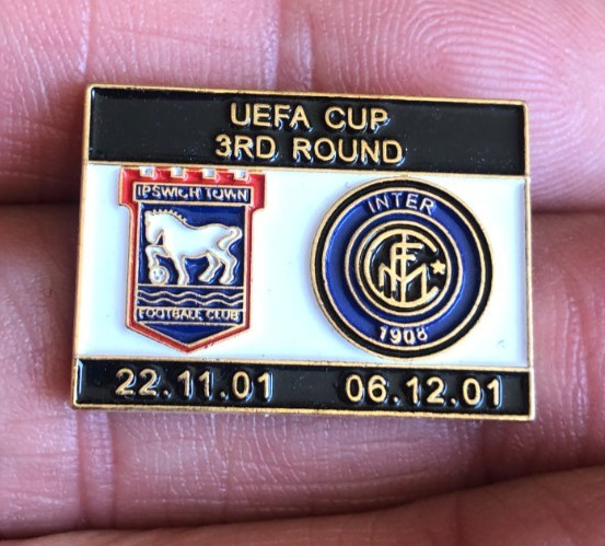RARE IPSWICH TOWN v INTER MILAN UEFA CUP 3rd ROUND 2001 ENAMEL PIN BADGE for sale on Ebay