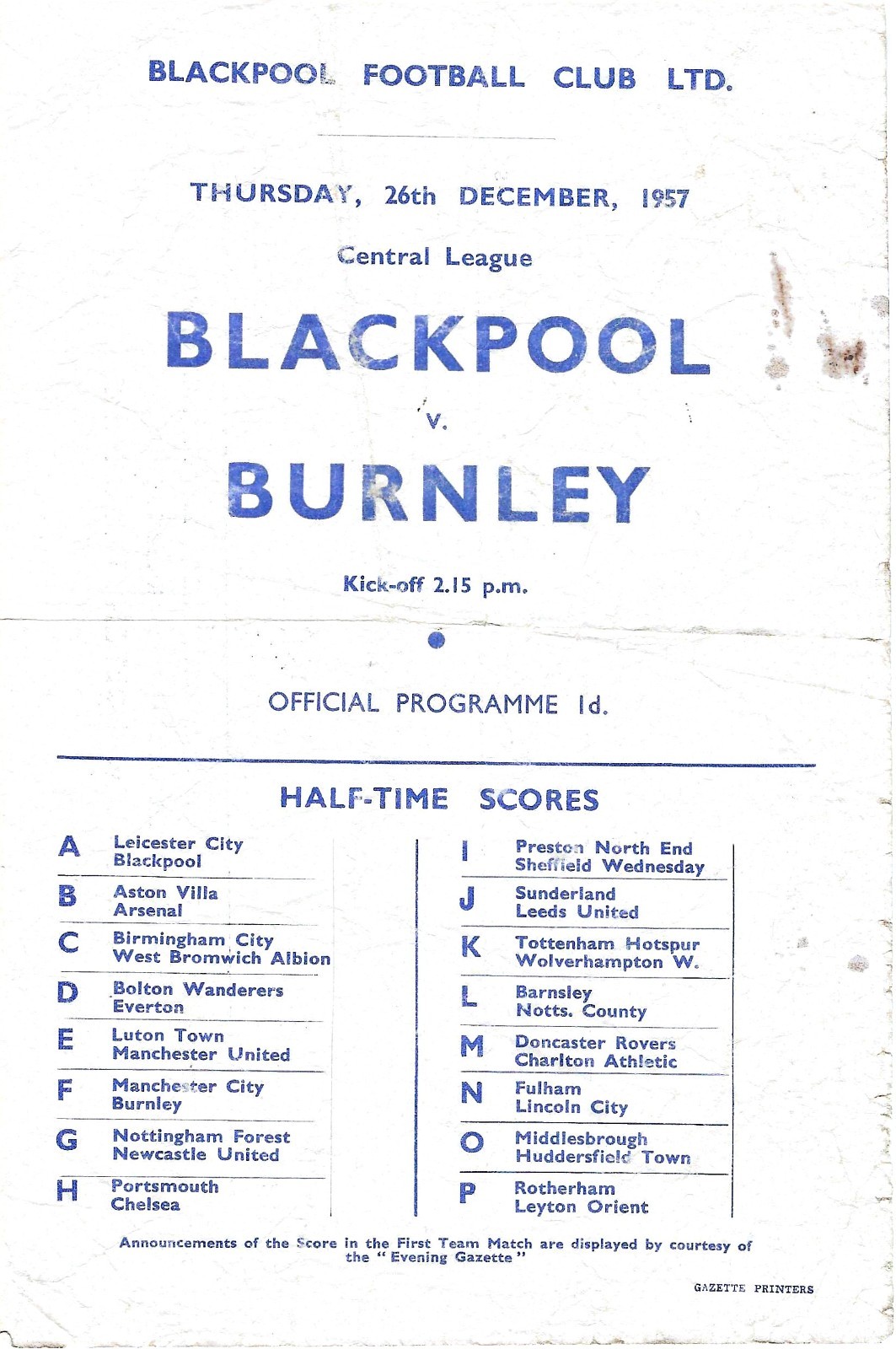 BLACKPOOL V BURNLEY RESERVES ~ 26 DECEMVBER 1957 for sale on Ebay