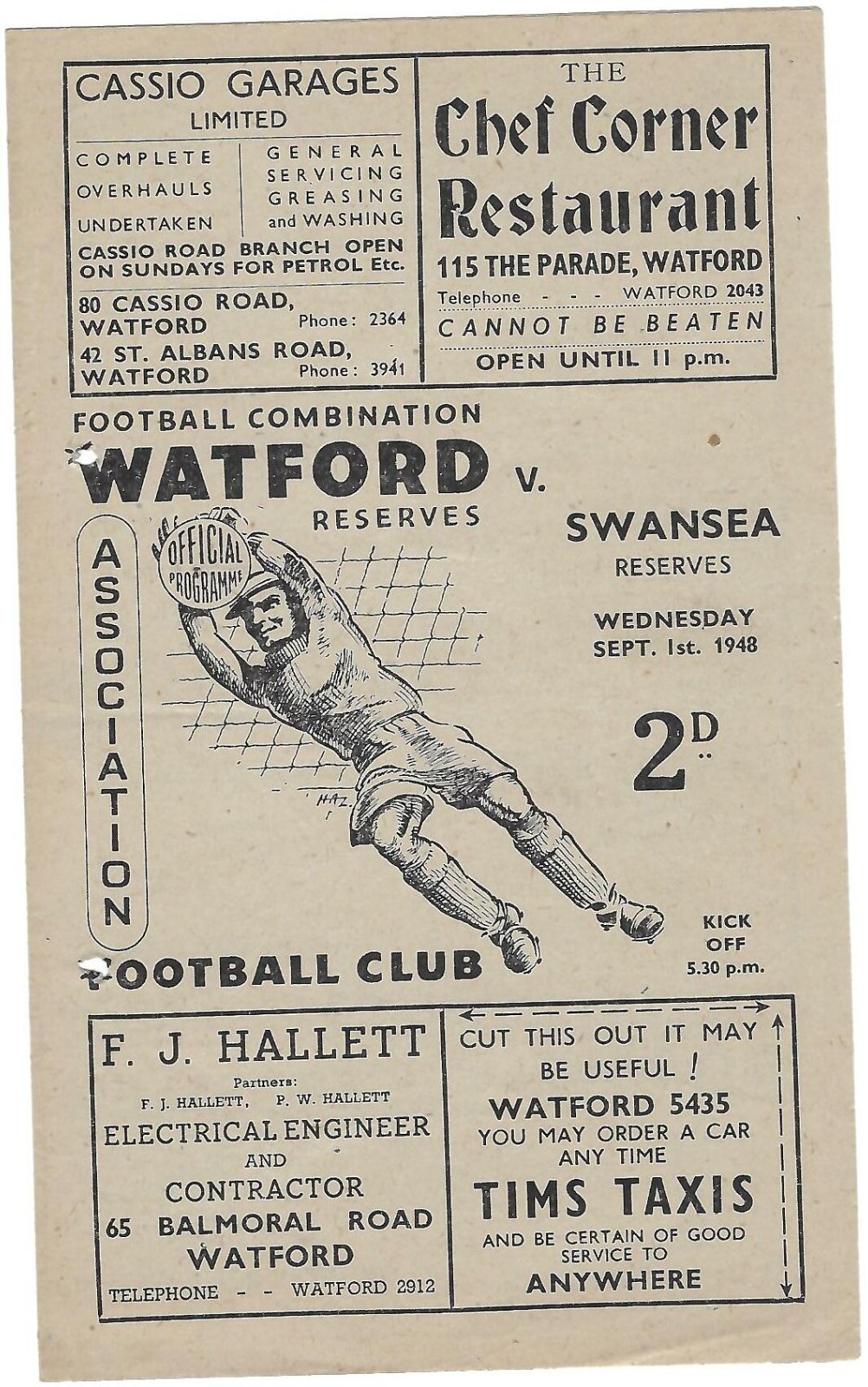WATFORD v  SWANSEA CITY 1948-49 RESERVES COMBINATION SEPTEMBER 1ST 1948 for sale on Ebay