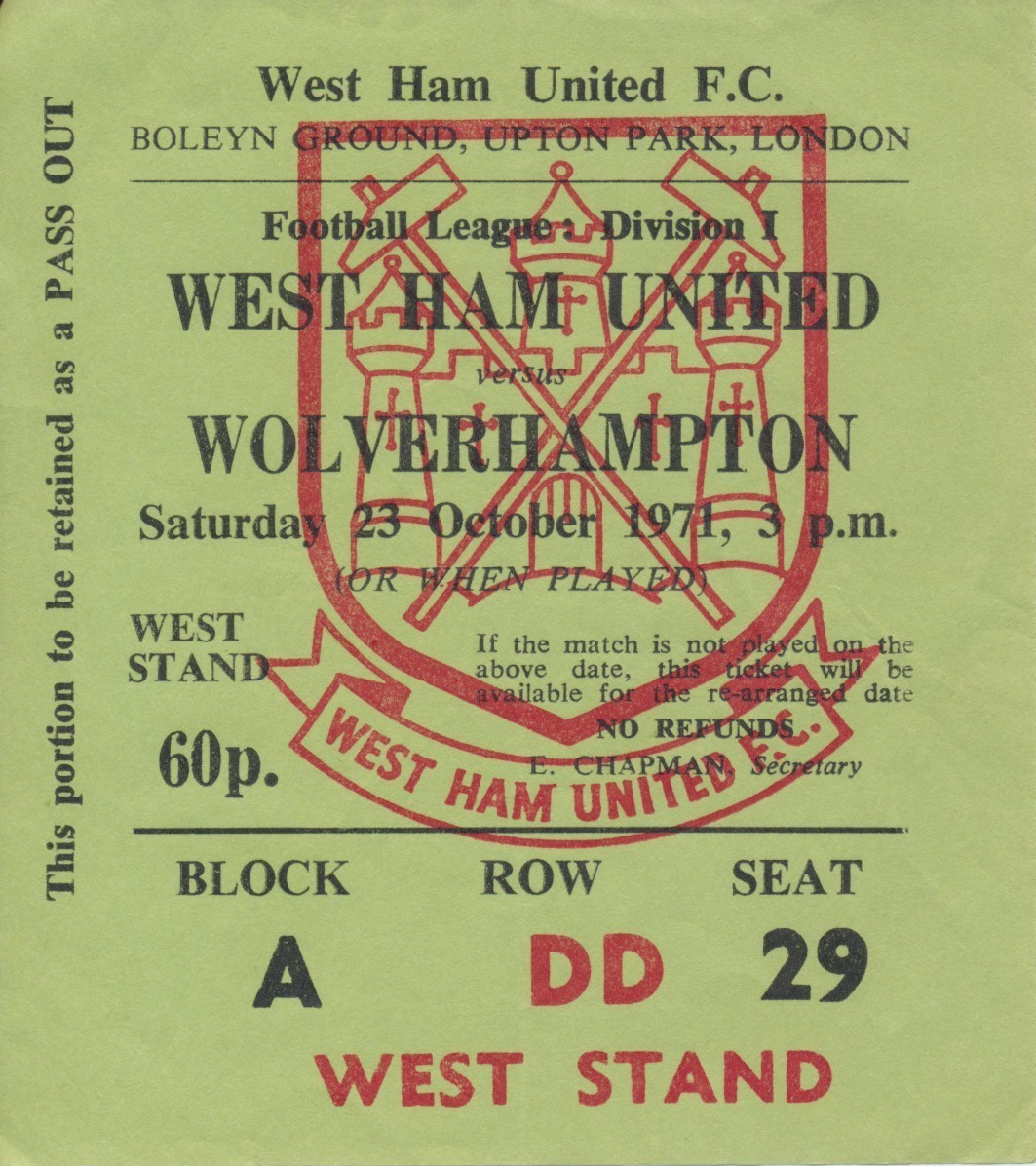 West Ham v Wolves.  1971-72.  Ticket stub for sale on Ebay
