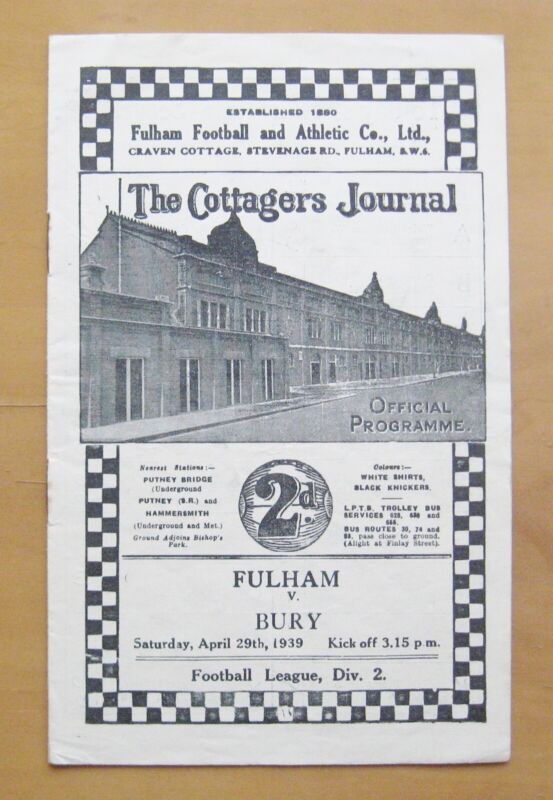 FULHAM v BURY 1938/1939 *Excellent Condition Football Programme* for sale on Ebay