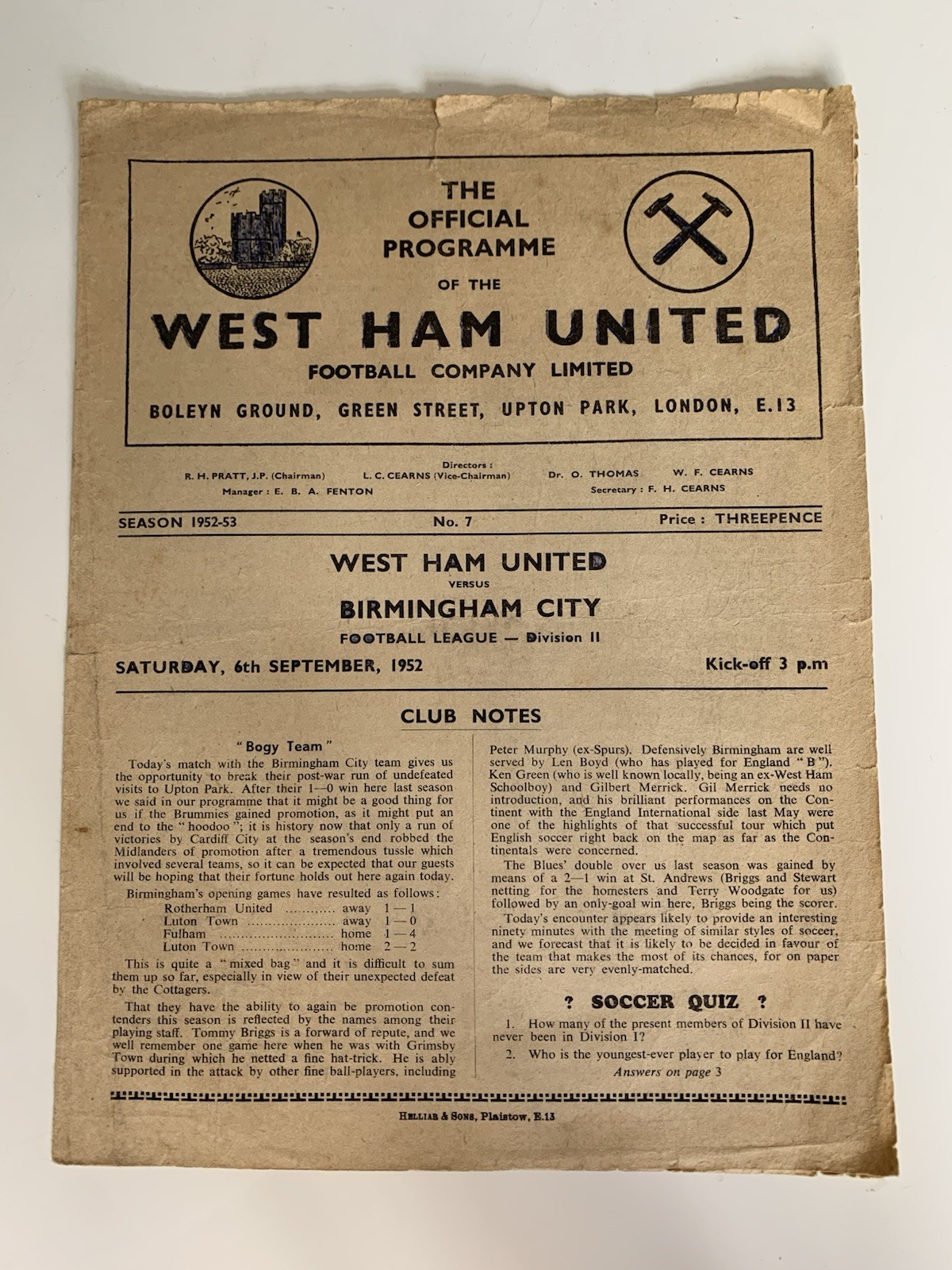 West Ham United v Birmingham City 1952-53 League Division Two 6th September 1952 for sale on Ebay