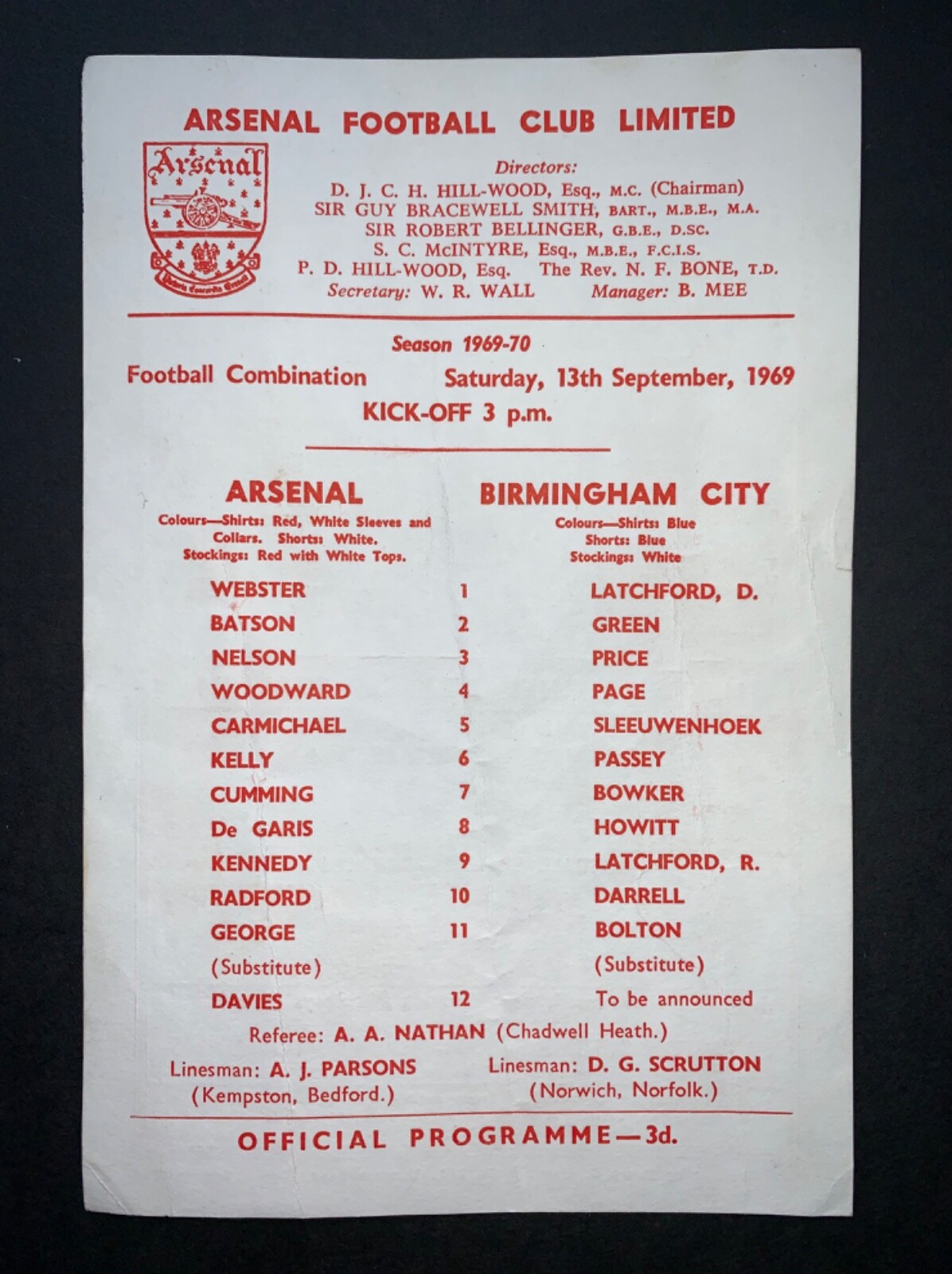 ARSENAL Reserves v BIRMINGHAM CITY Res 1969 FOOTBALL PROGRAMME Combination Lge for sale on Ebay