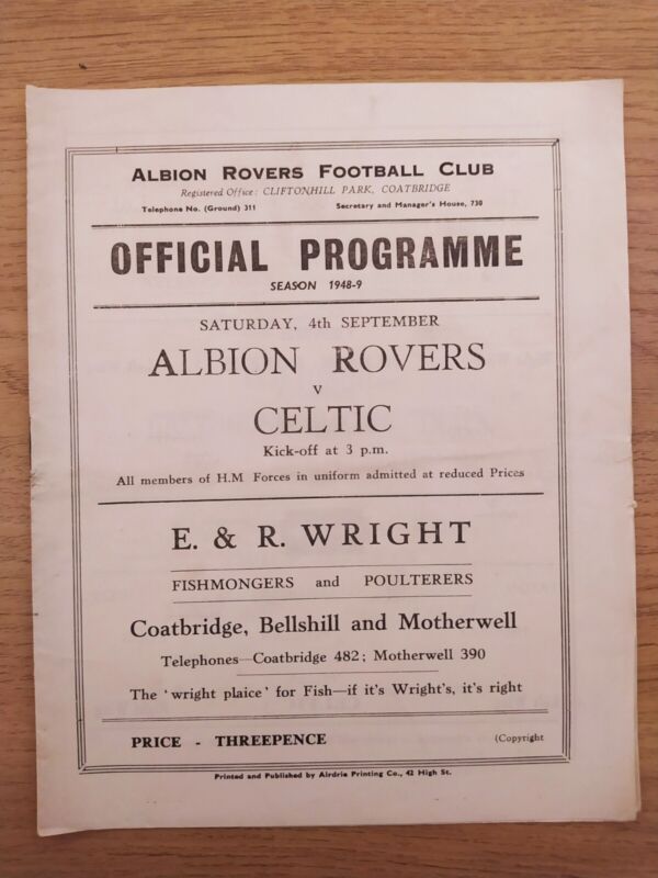 Albion Rovers v Celtic Scottish League Programme 4th September 1948 for sale on Ebay