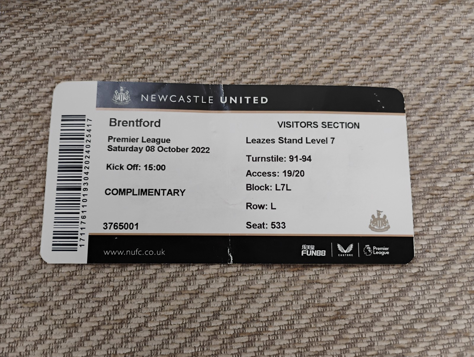 Used Ticket Stub Newcastle United v Brentford 8/10/22 Premier League for sale on Ebay