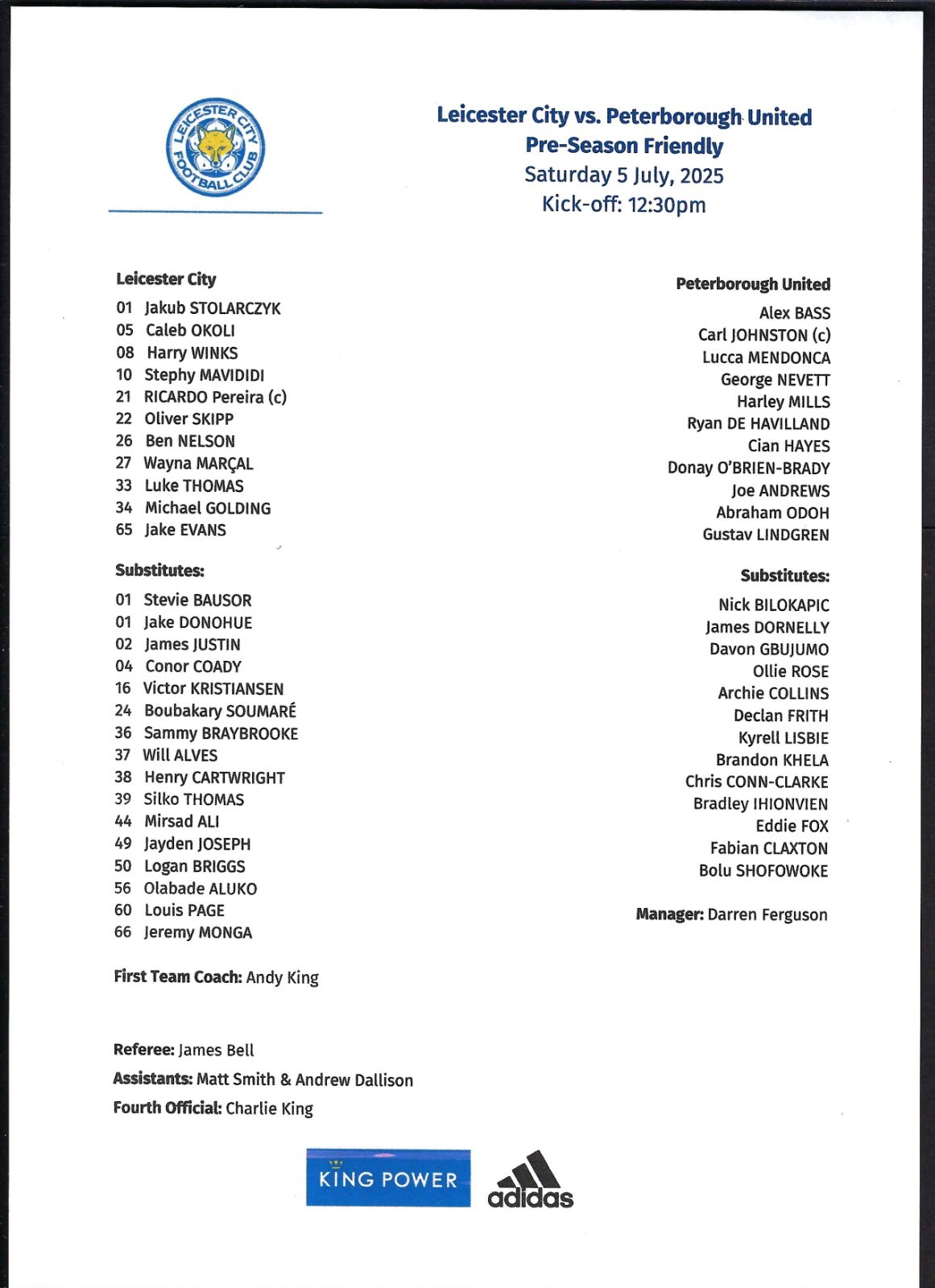 LEICESTER CITY v PETERBOROUGH UNITED 05.07.25 PRE-SEASON OFFICIAL TEAM SHEET for sale on Ebay