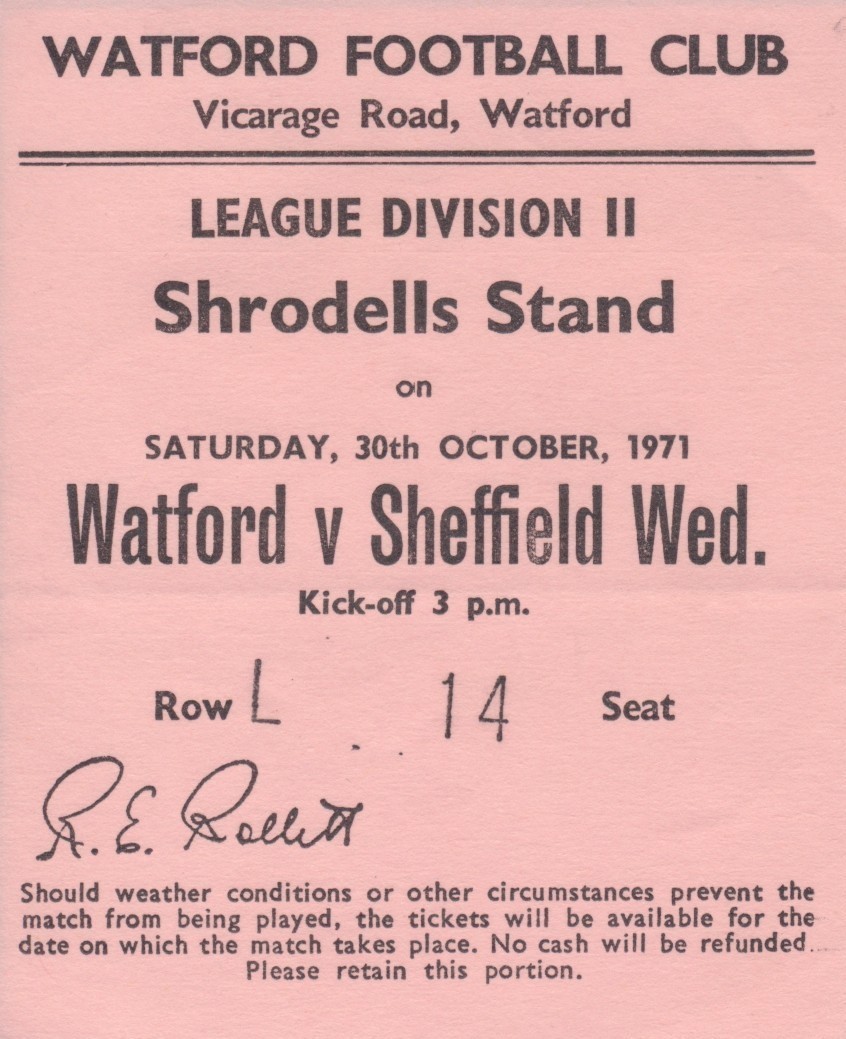 Watford v Sheffield Wednesday 1971-72.  Ticket stub for sale on Ebay