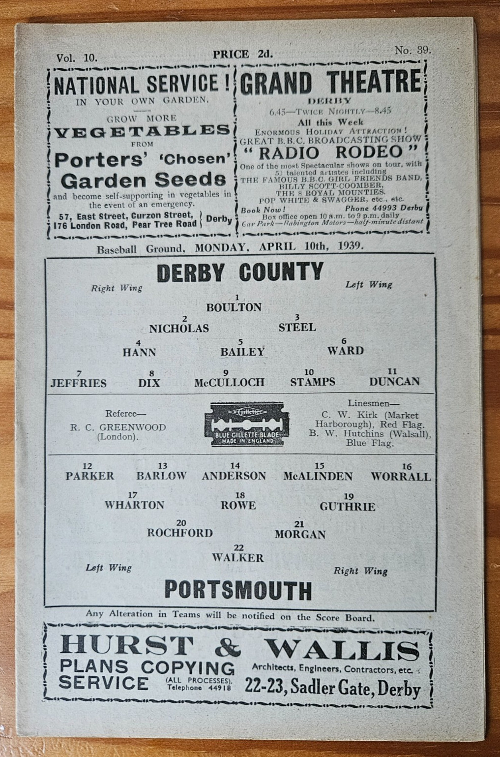 Derby County v Portsmouth 1938/1939 football programme for sale on Ebay