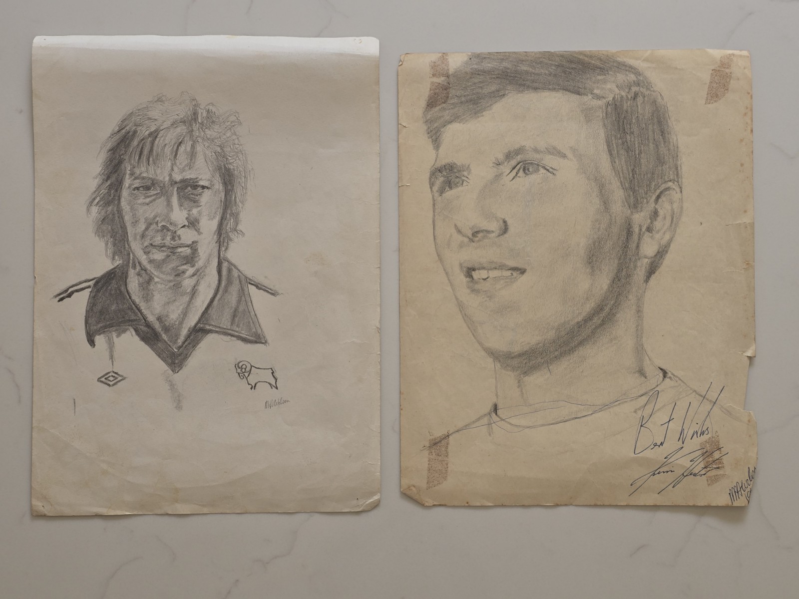 2x Pencil Drawings on Paper Derby County Signed Kevin Hector and Charlie George for sale on Ebay