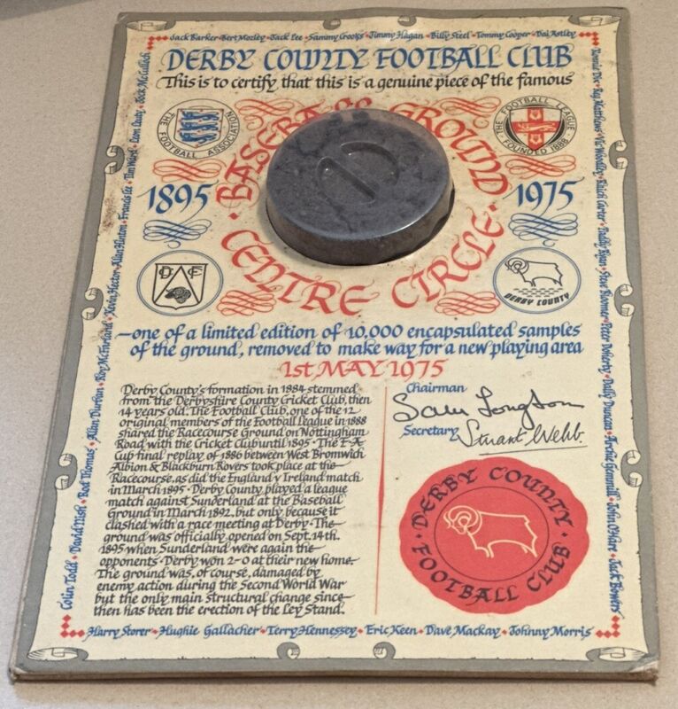 DERBY COUNTY BASEBALL GROUND CENTRE CIRCLE PRESENTATION SIGNED BY BRIAN CLOUGH for sale on Ebay