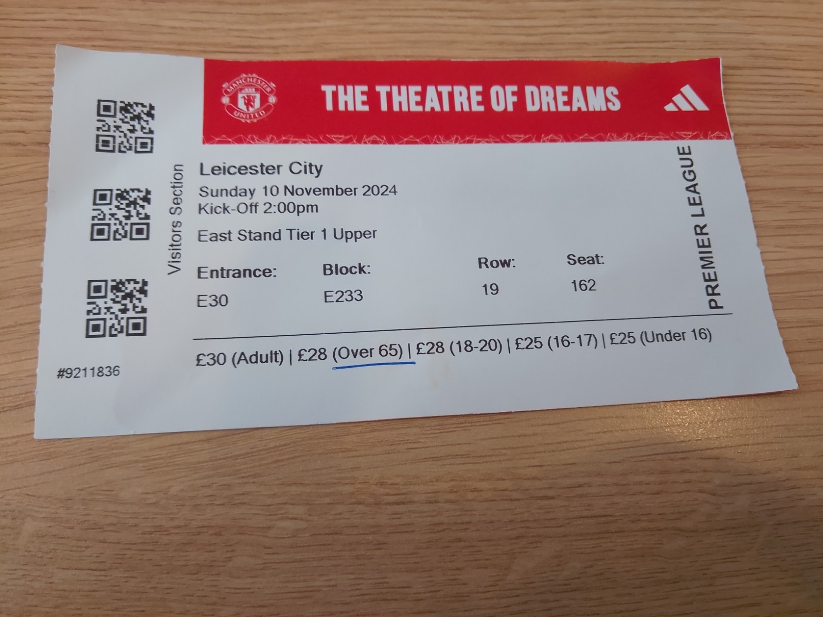 Ticket 2024/25 Manchester United v Leicester City 10/11/24 for sale on Ebay