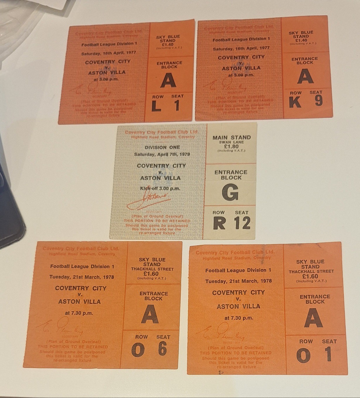 Five Coventry City v Aston Villa Tickets From The 1970's for sale on Ebay