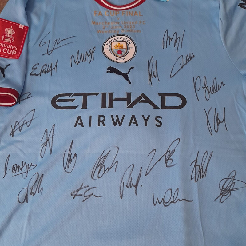 Squad Signed Manchester City FA Cup 2023 Home Shirt By 21 De Bruyne Haaland for sale on Ebay