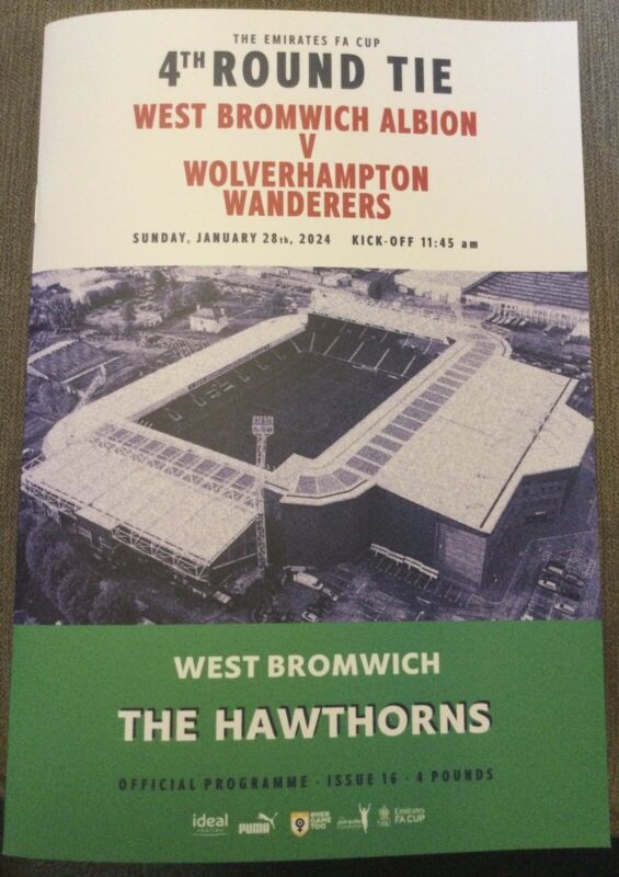 West Bromwich Albion WBA West Brom v Wolves FA CUP Round 4 Programme  28/1/24 for sale on Ebay