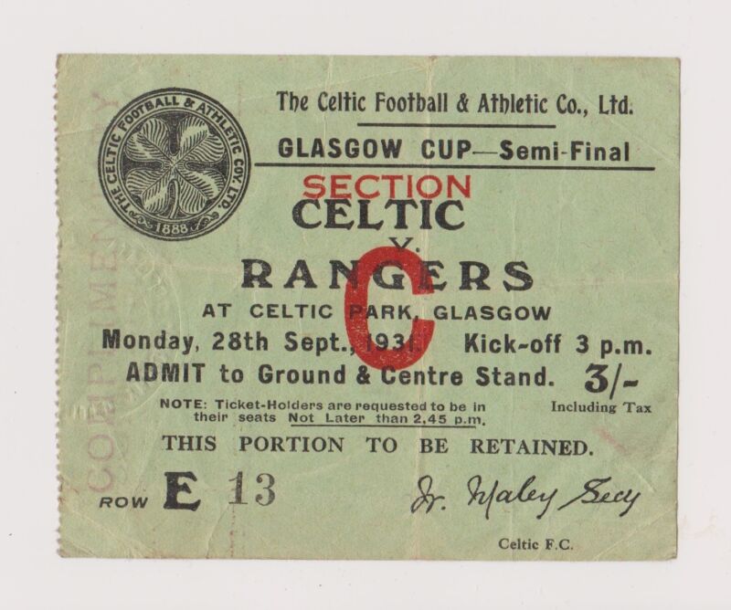 RARE PRE-WW2 SCOTTISH GLASGOW CUP- SEMI FOOTBALL TICKET CELTIC V RANGERS 1931 for sale on Ebay