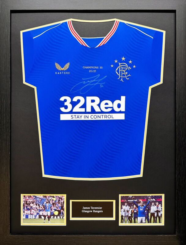 FRAMED JAMES TAVERNIER SIGNED GLASGOW RANGERS CHAMPIONS FOOTBALL SHIRT PROOF COA for sale on Ebay