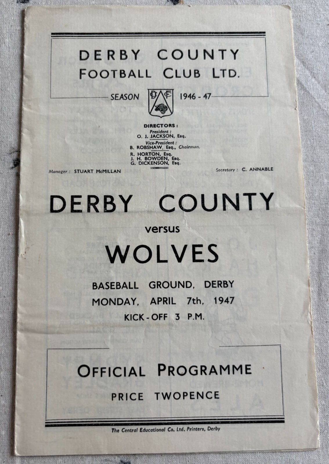 Derby County v Wolves 1946/47 for sale on Ebay