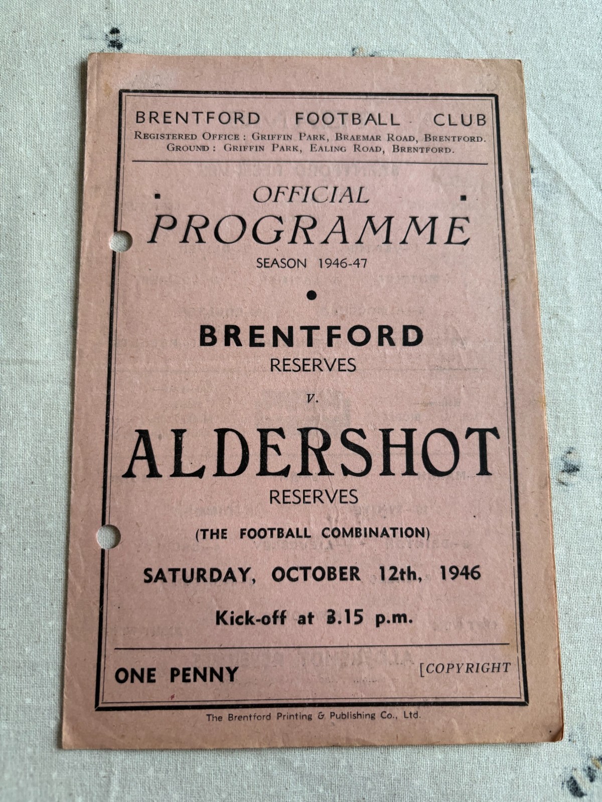 Brentford Reserves v Aldershot Reserves 1946/47 for sale on Ebay