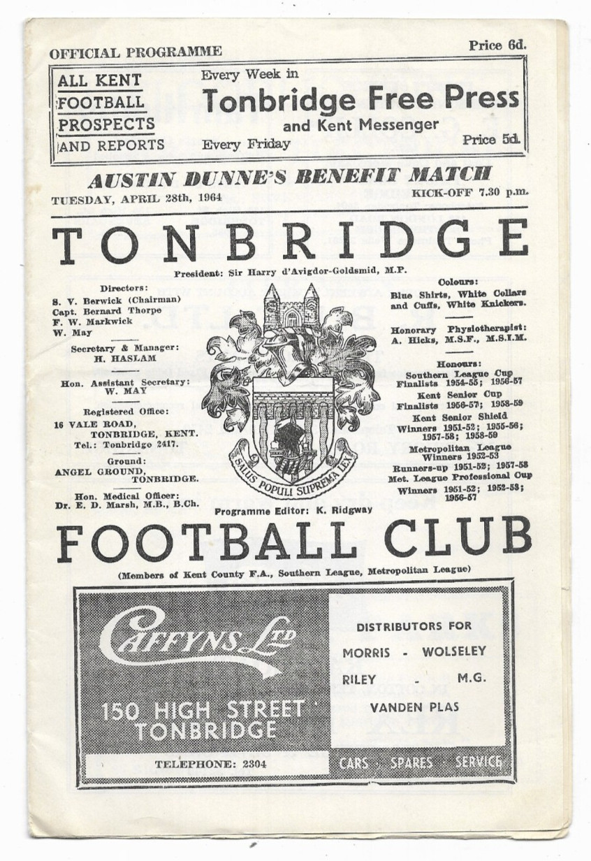 1964 Austin Dunne's Benefit Match - TONBRIDGE v. BRIGHTON & HOVE ALBION for sale on Ebay
