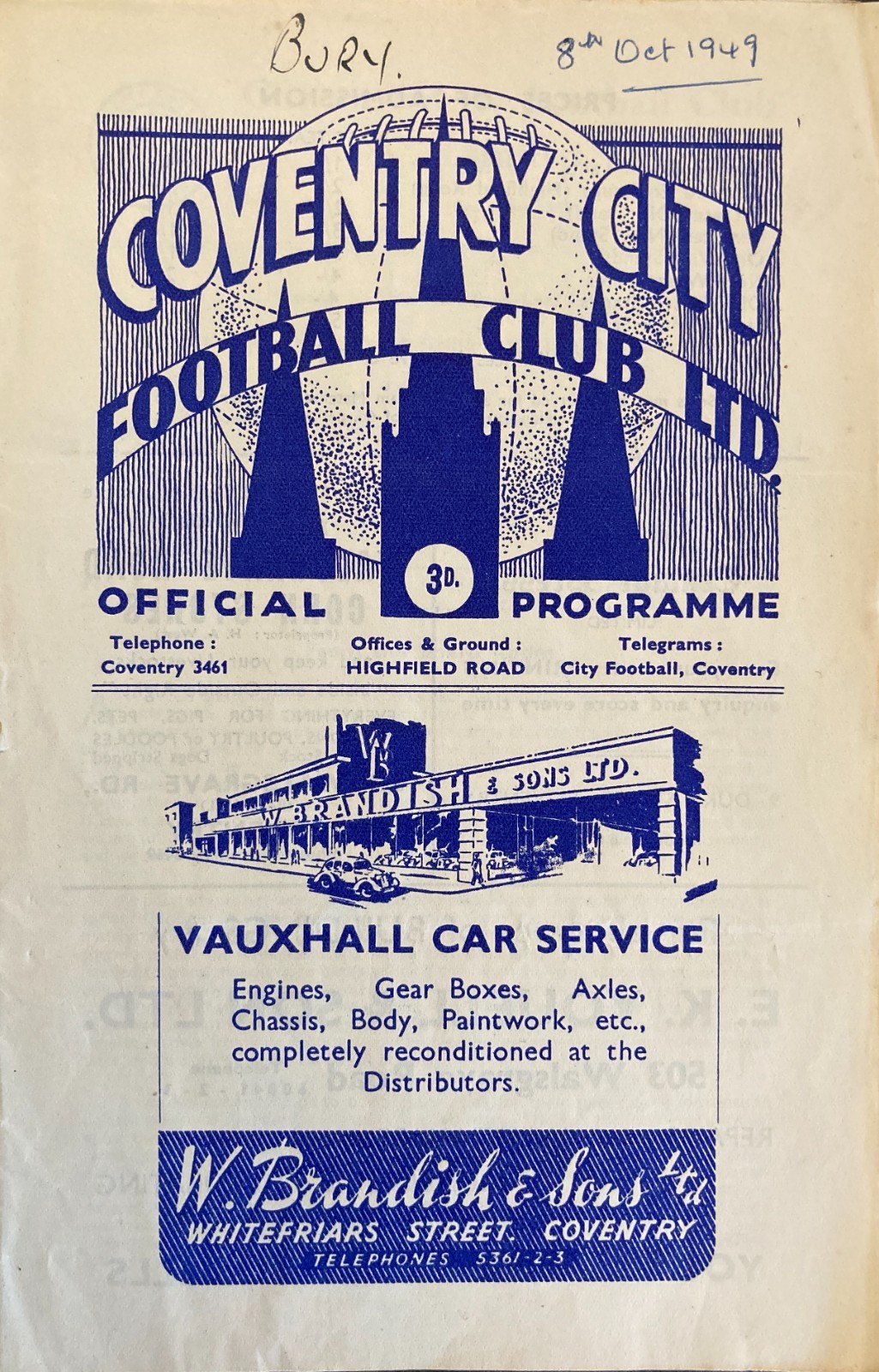 Coventry City v Bury Div 2 1949/50 for sale on Ebay