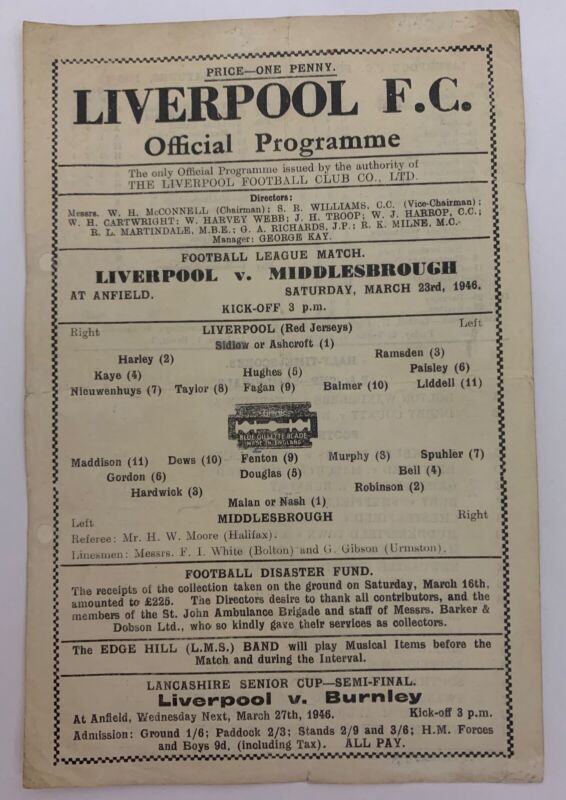 Liverpool v Middlesbrough 1945/1946 - single sheet football programme for sale on Ebay
