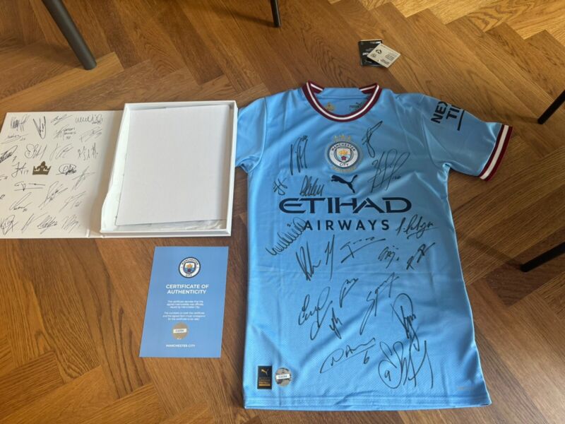 Manchester City Hand Signed Treble Winners Shirt BNWT Haaland + OFFICIAL COA for sale on Ebay
