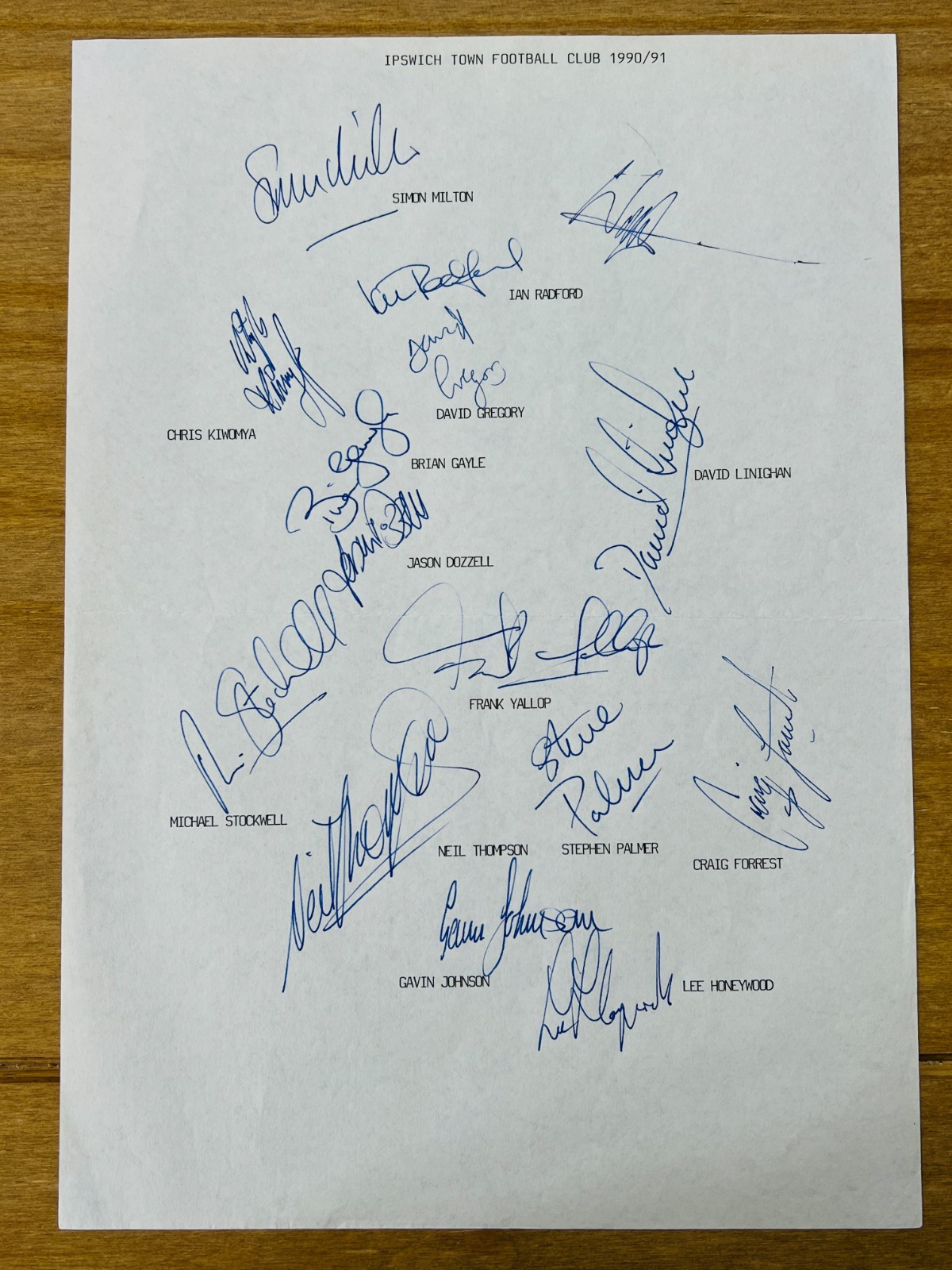 Hand Signed A4 Team Sheet - Ipswich Town FC 1990/91 season - 15 signatures for sale on Ebay