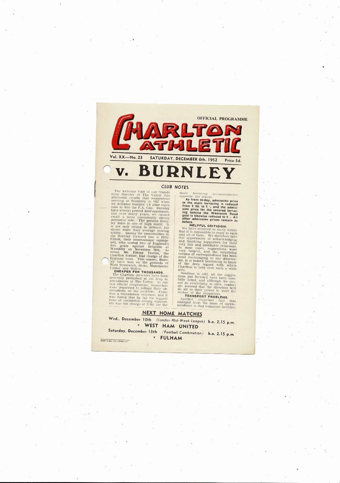 1952/53 Charlton Athletic v Burnley Football Programme for sale on Ebay