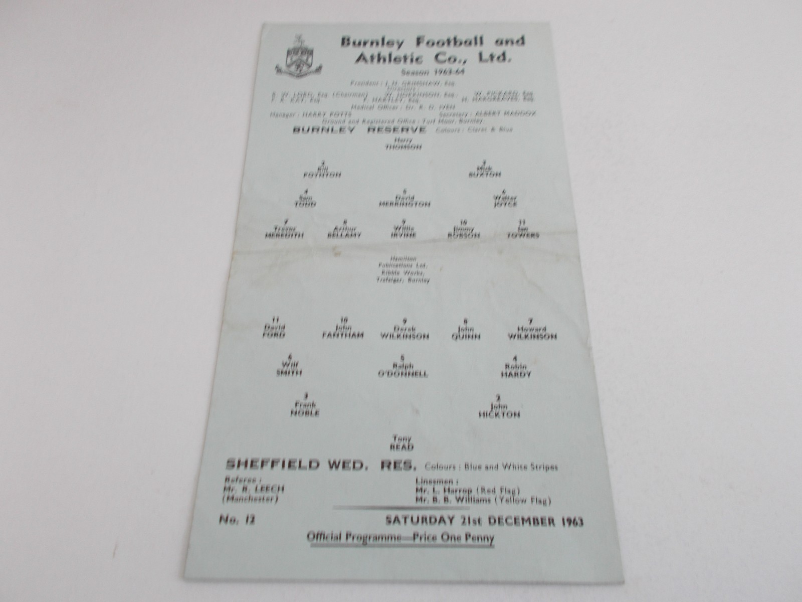 Burnley  v  Sheffield Wednesday  63/64  RESERVES for sale on Ebay