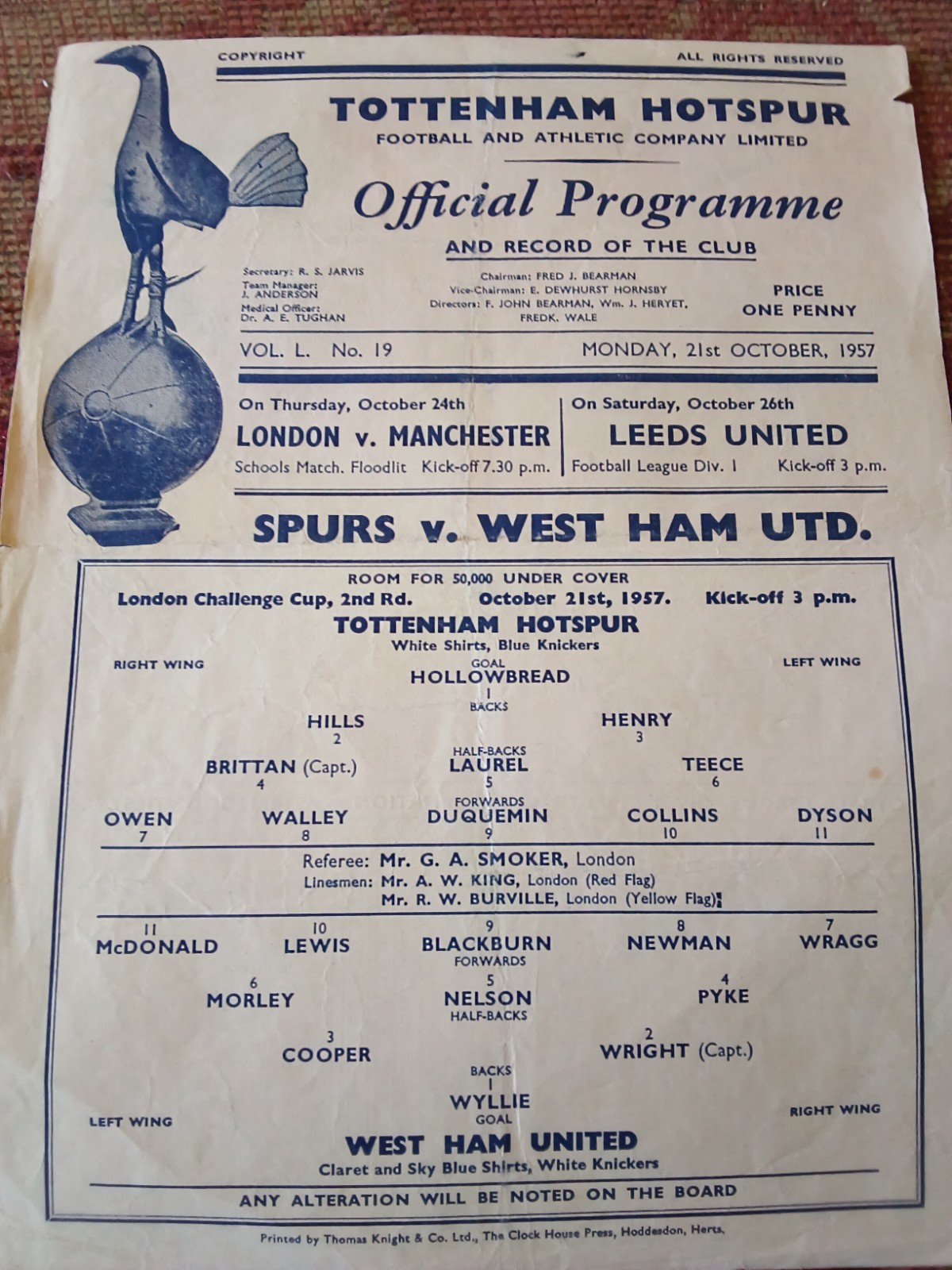 Tottenham v West Ham London Challenge Cup single sheet 1957/58 for sale on Ebay