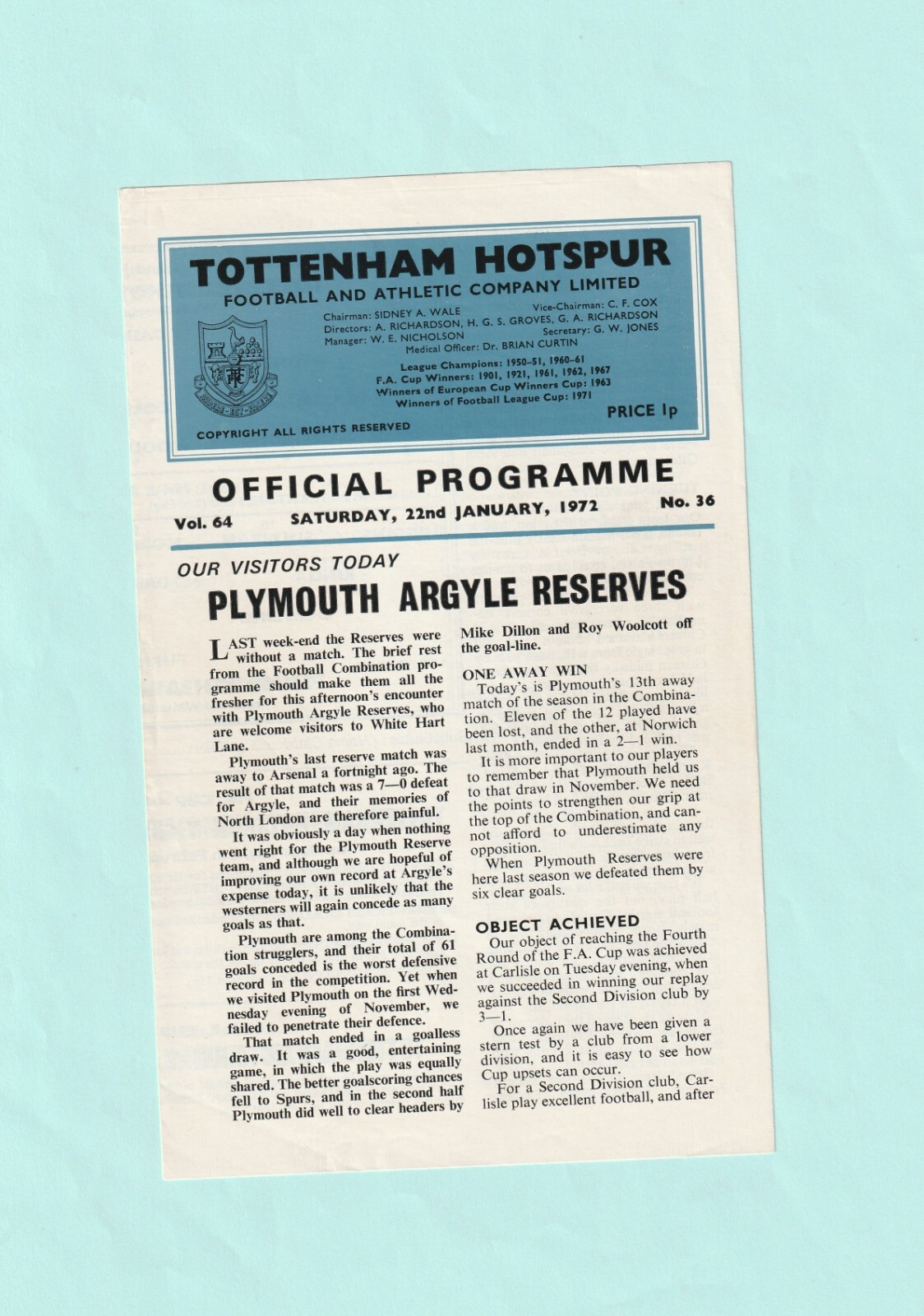 1971-1972 FOOTBALL COMBINATION : TOTTENHAM / SPURS v PLYMOUTH ARGYLE RESERVES for sale on Ebay