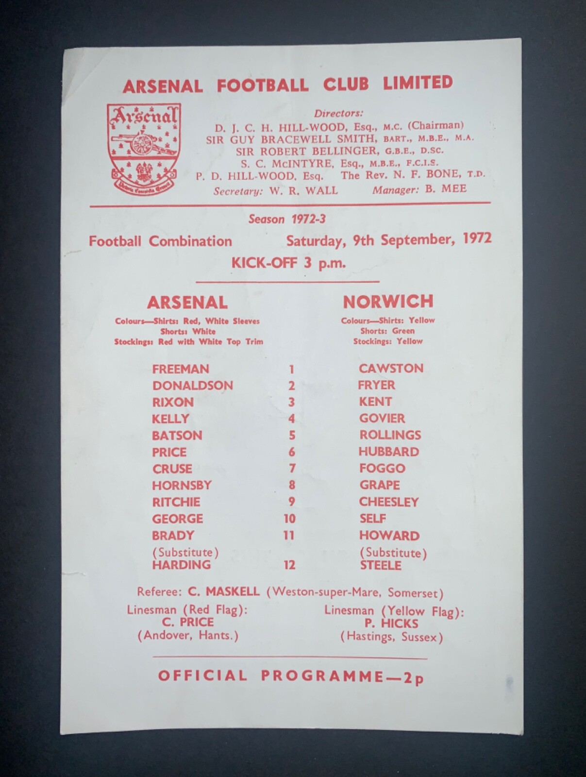 ARSENAL Reserves v NORWICH CITY Res 1972 Rare FOOTBALL PROGRAMME Combination Lge for sale on Ebay