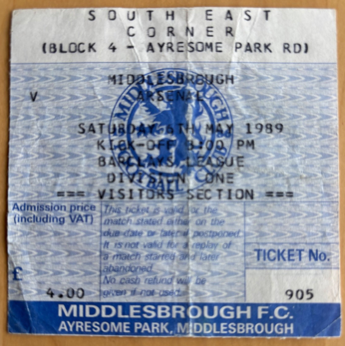 1988/89 Middlesbrough v Arsenal (Champions) Visitors Section League Division 1 for sale on Ebay