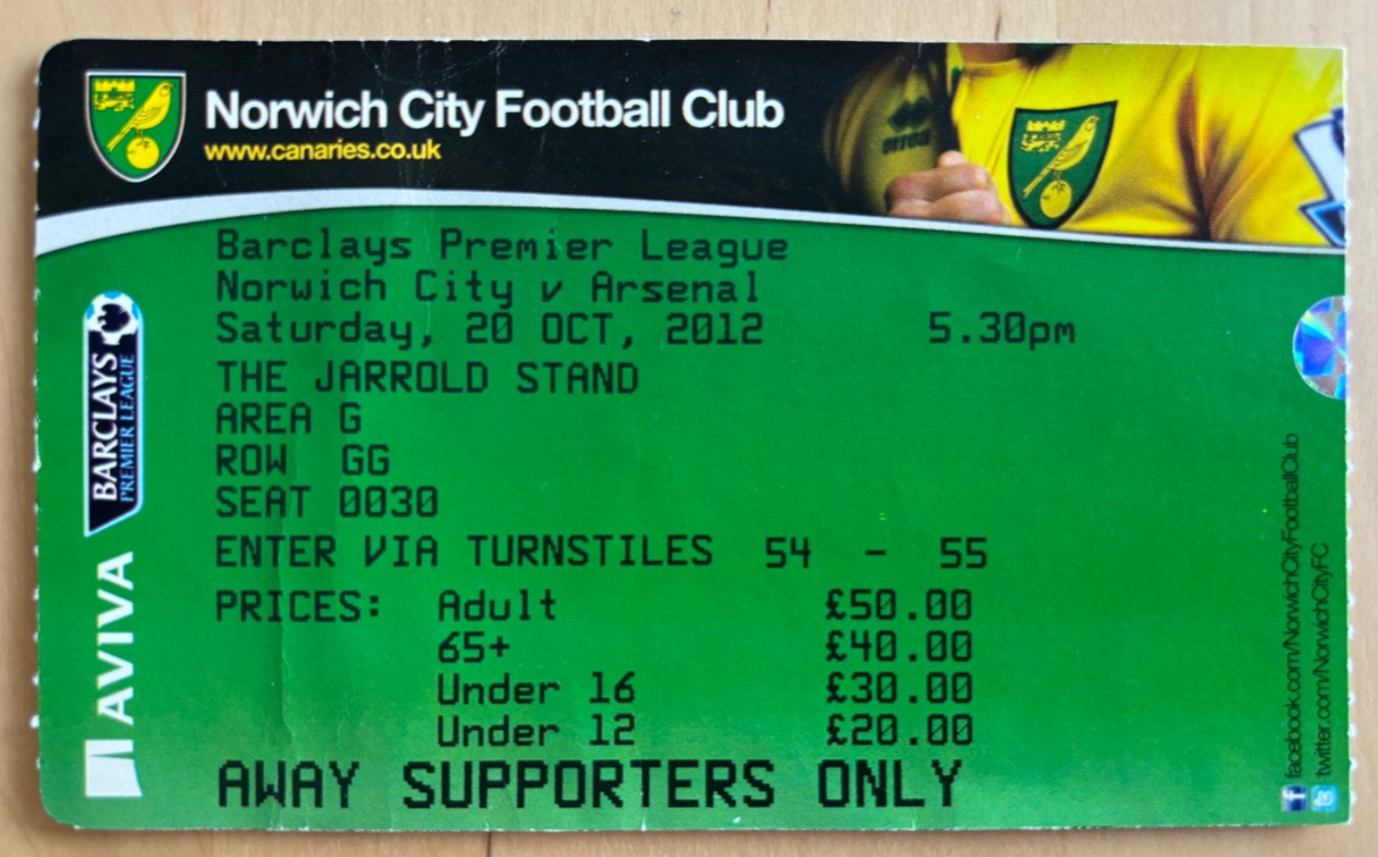 2012/13 Ticket Norwich City v Arsenal Visitors Section Premier League for sale on Ebay